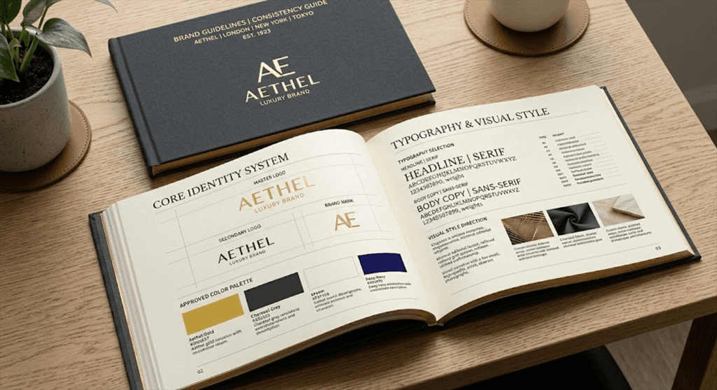 Aethel brand guidelines — core identity system with typography and approved color palette