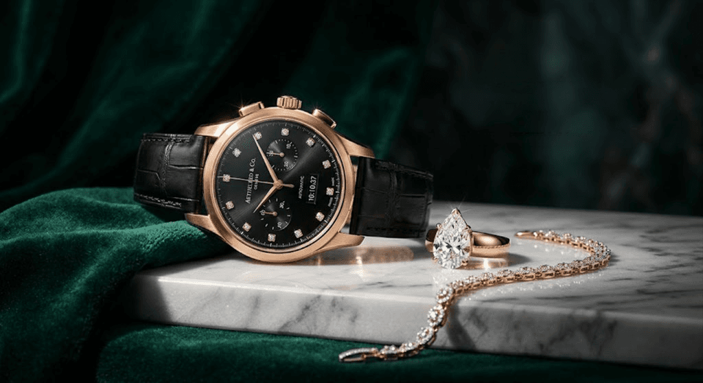 Premium campaign still — luxury watch, diamond ring, and bracelet on marble and emerald velvet