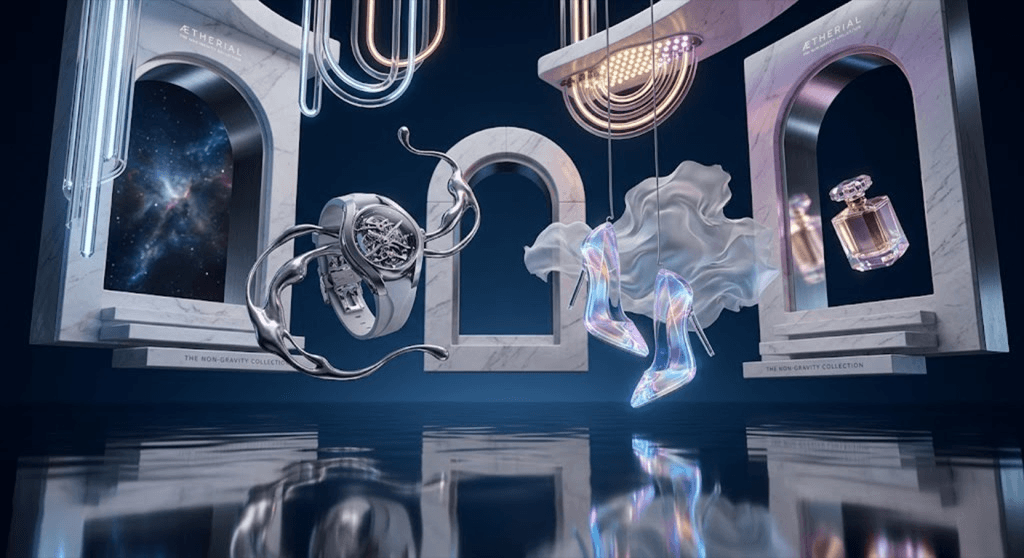Cinematic jewelry campaign still — Ætherial Non-Gravity Collection with floating watch, iridescent heels, and perfume among marble archways